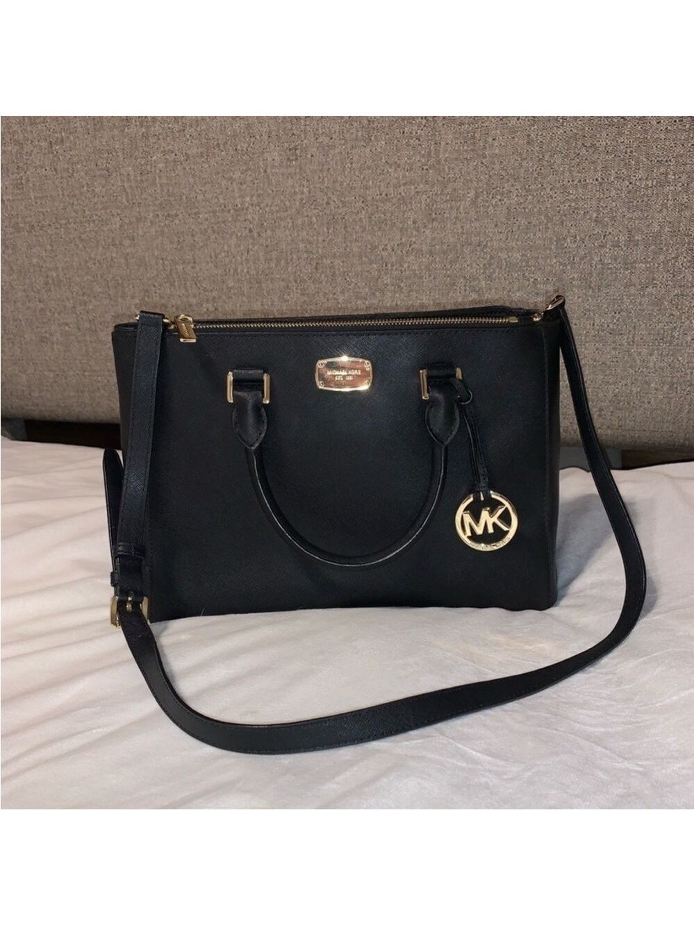 Michael Kors Black Satchel with Gold Accents and Adjustable Strap